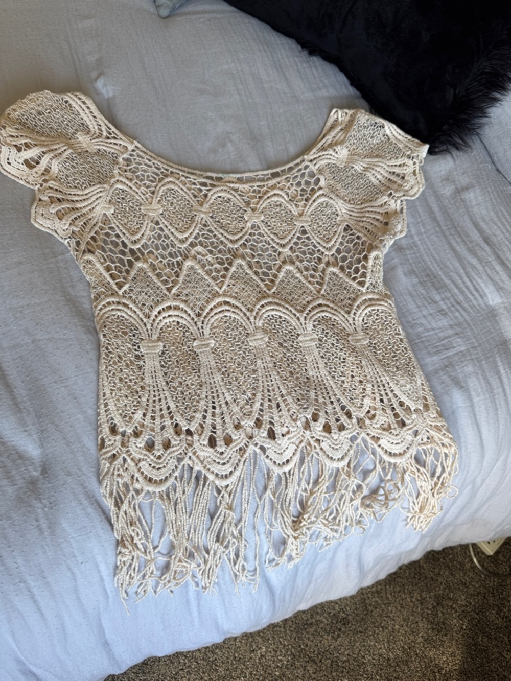 Boho Crochet Fringe Women's Top - Cream